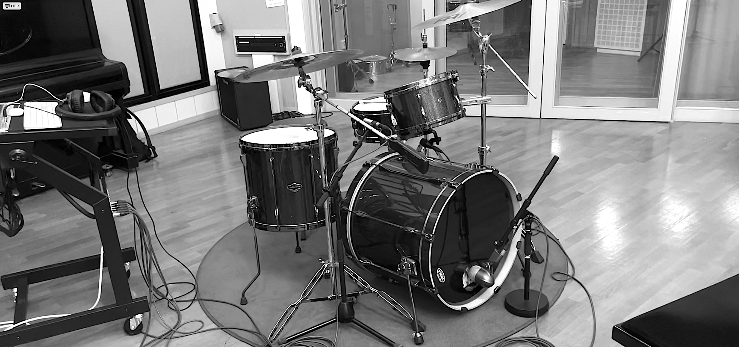 A drum kit in a recording studio